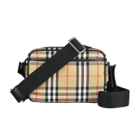 【BURBERRY 巴寶莉】BURBERRY Paddy簡約內壓印字LOGO英倫風格紋設計帆布飾邊牛皮拉鍊斜背包(男款/米x卡其)