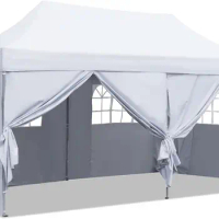 Outdoor Pop Up 10'x20' Canopy Tent with 6 Sidewalls Folding Commercial Heavy Duty Gazebo for Parties White with Whee