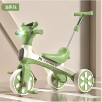 兒童三輪車小孩腳踏車多功能平衡車(摩托車頭)(綠色-推把款)#YH25_01016F