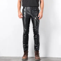 Genuine Leather Pants Men Real Leather Sheepskin Motorcycle Biker Black Male Trousers Skinny Streetwear Pencil Pants Plus Size