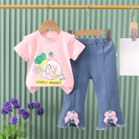 Bộ Quần Dài Jean Áo Bướm, Cho Bé Gái, Có Nơ, Thiết Kế Thỏ Dễ Thương Cà Rốt Và Ren, ngắn Tay, Bộ Đồ H
