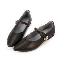 【HERLS】平底鞋-全真皮時髦釦環尖頭瑪莉珍平底鞋(黑色)