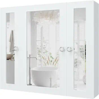 Bathroom Mirror Cabinet 3-Door Wall Mounted Medicine Storage Organizer Waterproof PVC Multipurpose White Color Compact Design