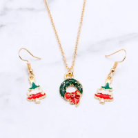 Christmas Jewelry Set Enamel Wreath Pendant Necklace Tree Drop Earrings For Women Girls Festival Xmas Gift