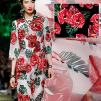 Sicilian Tropical Plant Red Schefflera Anthurium Polyester Organza Crisp Transparent Fabric For Woman Dress Blouse DIY Cloth