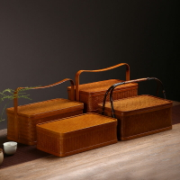 竹編提籃復古茶具收納籃功夫茶具收納盒中式雙層食盒
