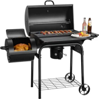 Outdoor BBQ Grill with Offset Smoker, Side Table and Wheels for Patio, Backyard Camping Picnics charcoal camping stove, Black