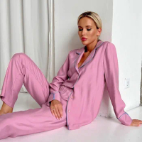 Women's Solid Pajama Set Spring Autumn Long Sleeve Ladies Sleepwear 2 Pcs with Pant Single Breasted Home Clothes for Female