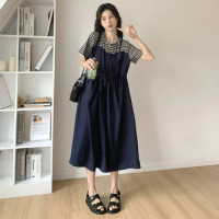 【UniStyle】假兩件短袖條紋吊帶洋裝 韓系減齡一件式連身裙 女 ZM281-6101(藏青)