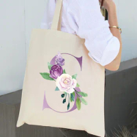 Personalized Everyday Tote Bag Purple Alphabet Print Cotton Canvas Shoulder Shopper Tote Bag Student Teacher Book Travel Handbag