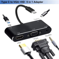 USB C 5in1 Hub Thunderbolt 3 Type-C to HD VGA Display USB3.0 3.5mm Jack Adapter Cable with PD Charging Port for Macbook Ipad Pro
