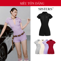 Jumpsuit nữ cổ bẻ tay ngắn SISTERS ôm dáng màu đen, tím thun gân co giãn Mallorie SIS-CLUB | SISTERS