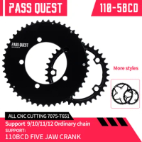 PASS QUEST 110BCD Double Chainwheel For 5-Claws Crank 52T-36T 2x Sprocket Road Bike 50T 54T Chainring Aluminum Alloy AERO Disc