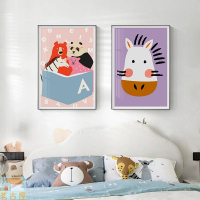 北歐簡約溫馨可愛小動物版畫熊貓月亮斑馬掛畫臥室兒童房裝飾畫