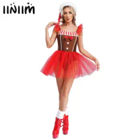 Womens Xmas Christmas Santa Claus Cosplay Outfits Gingerbread Man Striped Tutu Dress Flying Sleeve C