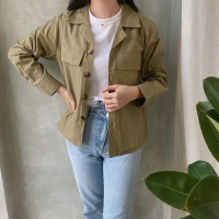 CLARYN CROP KEMEJA LINEN POLOS Kancing Outer Panjang Wanita Atasan