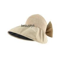 Vinyl Air Top Sun Protection Hat Women's UV-Proof Sun Hat Summer Big Brim Cover Face Ponytail Sun Hat Bow