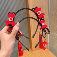 Chinese Style Fashion Hanfu Flower Tassel Headband Pigtail Wig Children's Pearl Bow Cartoon Cute Hairband New Year Headdress