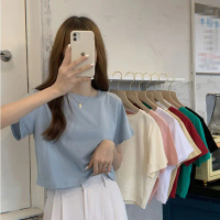 เสื้อยืดสีทึบ สไตล์ญี่ปุ่น ดีไซน์เรียบง่าย ไหล่ปกติ คอกลม ทำจากผ้าฝ้ายแท้ แขนสั้น ฐานสั้นเหมาะสำหรับ