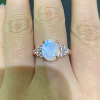 Beautiful Moonstone Ring Rose Gold Color 925 Sterling Silver Rainbow Blue Natural Moonstone Engagement Wedding Ring