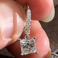 Custom Solid 10K White Gold Women Drop Clip Earrings Hook Moissanite Diamonds Princess Square Wedding Engagement Anniversary