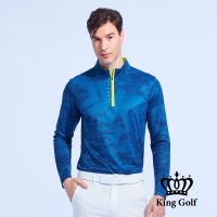 【KING GOLF】男款薄款立領拉鍊滿版迷彩KG印花長袖POLO衫/高爾夫球衫-藍色