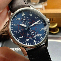 【BOSS】BOSS伯斯男女通用錶型號HB1513515(寶藍色錶面銀錶殼深黑色真皮皮革錶帶款)
