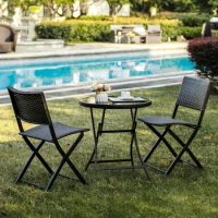 3 Pieces Outdoor Patio Bistro Set, Wicker Patio Furniture Sets with Folding Patio Round Table and Chairs for Garden, Backyard