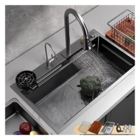 SUS 304 Stainless Steel Kitchen Sink Single Bowl large capacity with Dish Rack Mount Sink with pulling faucet