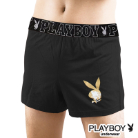 PLAYBOY 彈性精梳棉素色燙金兔頭寬鬆四角褲-大字母織帶-單件(黑)