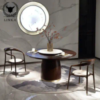 New Chinese luxury dining table big round table ebony chair combination household marble turntable dining table
