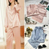 Women Pajama Set Women's Heart Print Silky Ice Silk Pajama Set with Long Sleeve Shirt Wide Leg Pants for Spring Summer Sleepwear