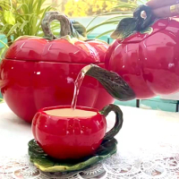 (Persimsey Ruyi) Ceramic Chinese red wedding tea set Tomato teapot coffee tea cup combination home afternoon tea cup set