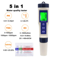 10pcs 5-in-1 Salinity Meter Waterproof Salinity Meter Aquarium Seawater Detector Digital Belt Backlight Water Quality Test