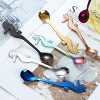 Household Kitchen Stainless Steel Creative Sea Horse Shape Coffee Spoon Hanging Cup Stirring Spoon Multi-color Small Tools