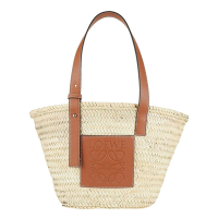 LOEWE Medium Basket 中款 棕櫚葉拼小牛皮 托特包 編織包 草編包 原色/棕褐色