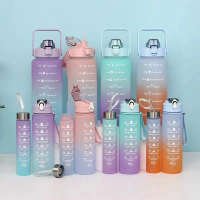 Spot goods 2000ml/900ml/500ml free 2D+3D sticker kettle with straw cute portable scale bottled water