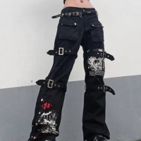 InsDoit Y2K Black Punk Skull Print Mall Goth Jeans Woman Eyelet Buckle Academic Cargo Pants Streetwear Big Pocket Dark Trousers