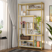 Tribesigns 8-Shelves Staggered Bookshelf, Rustic Industrial Etagere Bookcase for Office, Vintage Book Shelves Display Organizer