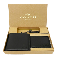 COACH 牛皮男款8卡短夾附鑰匙圈活動證件夾禮盒(金色禮盒/黑)
