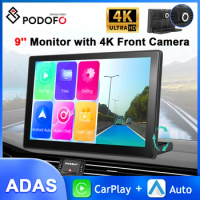 Podofo 9'' Dashboard Car Monitor 4K Front Camera DVR ADAS CarPlay Android Auto Night Vision Airplay Android Cast WiFi Recorder