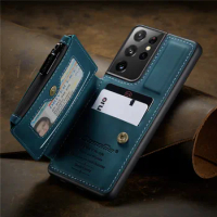 Leather Card Slot Holder For Samsung Galaxy S21 S22 Ultra Note 20 S20 FE S10 A52 A72 A52S A71 A51 A21S 10 Plus Case Cover Fundas