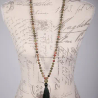 Matte Unakite Necklace 108 Mala Bead Necklace Long Green Tassel Necklaces Prayer Necklaces Yoga Mala meditation Beads Jewelry
