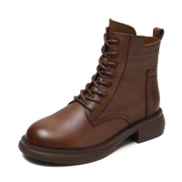 【Vecchio】真皮馬丁靴 牛皮馬丁靴/全真皮頭層牛皮潮流個性車線經典馬丁靴(棕)