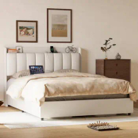 King Size Bed Frame, Gas Lift Up Storage Bed With Power Outlets, Wooden Slat Support/No Box Spring Needed, White Home Furniture