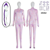 Rumi cosplay costume with wig, pink tattoo pattern, demon tattoo jumpsuit, nude skin color for women