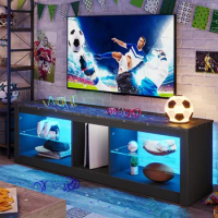Entertainment Center LED Gaming TV Stand 55+ Inch TV Adjustable Glass Stand 22 Dynamic RGB Modes TV Stand Game Console PS4 Table
