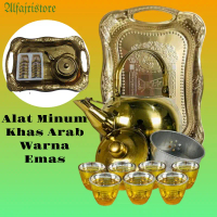 TEKO Paket Lengkap Oleh Oleh Haji dan Umroh - Set Teko Emas Arab, Gelas, Nampan 30x17 cm Tea