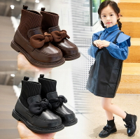 女童公主靴子韓版時尚襪子口短靴秋季新款洋氣皮鞋蝴蝶結單靴