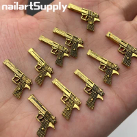 10Pcs/Lot 3D Gun Nail Art Charm Pendant，Alloy Pistol 45*16mm Antique Gold Gun Nails Jewelry，Vintage Metal Stud Nail Decoration J